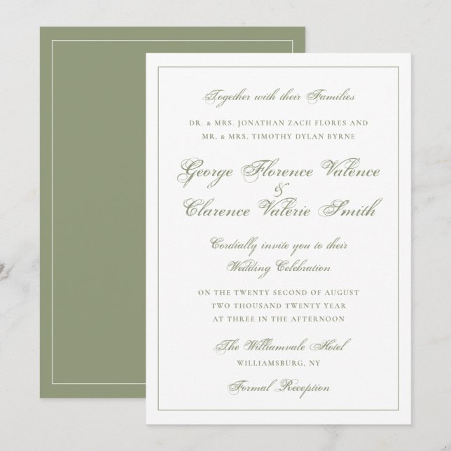 Convites Elegante Clássico Casamento Caligrafia Verde Musgo (Frente/Verso)