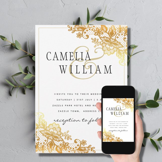 Convites Elegante Clássico de Casamento Branco Dourado de L (Criador carregado)