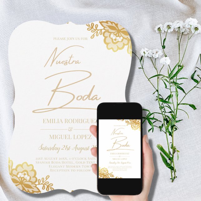 Convites Elegante Clássico de Casamento Branco Dourado de L (Criador carregado)