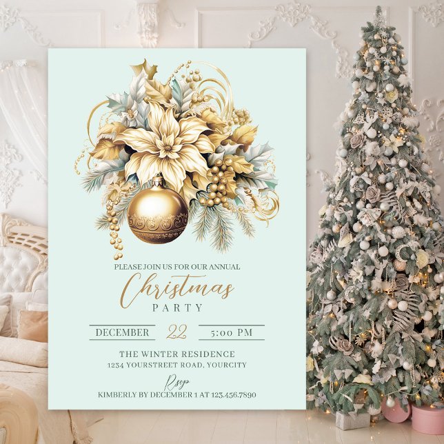 Convites Elegante, clássico, luxo da horta verde de ouro (Gold luxury elegant Christmas party invitation)