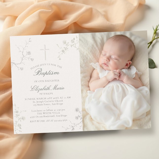 Convites Elegante Clássico Moderno Rosas Silvestres Foto Ba (baptism invitation party card classic elegant wild roses wildflowers holy cross christening blessing)