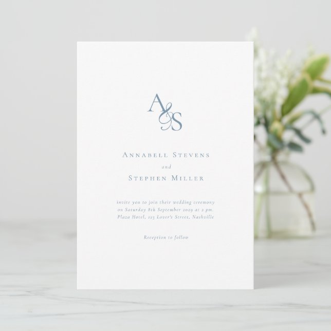 Convites Elegante Clássico Monograma Branco Azul Casamento (Em pé/Frente)