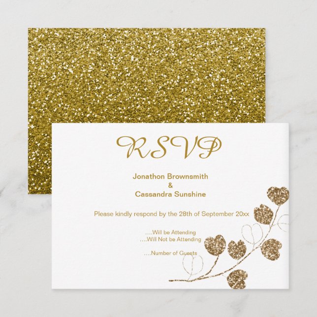 CONVITES ELEGANTE CLÁSSICO OURO EUCALIPTO BRILHO RSVP (Frente/Verso)