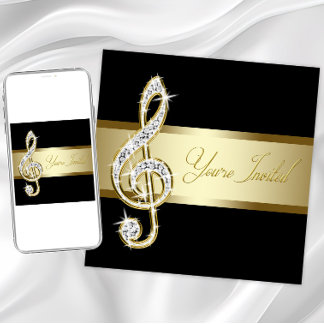 Convites Elegante Clef de Sol Preto e Dourado Musical