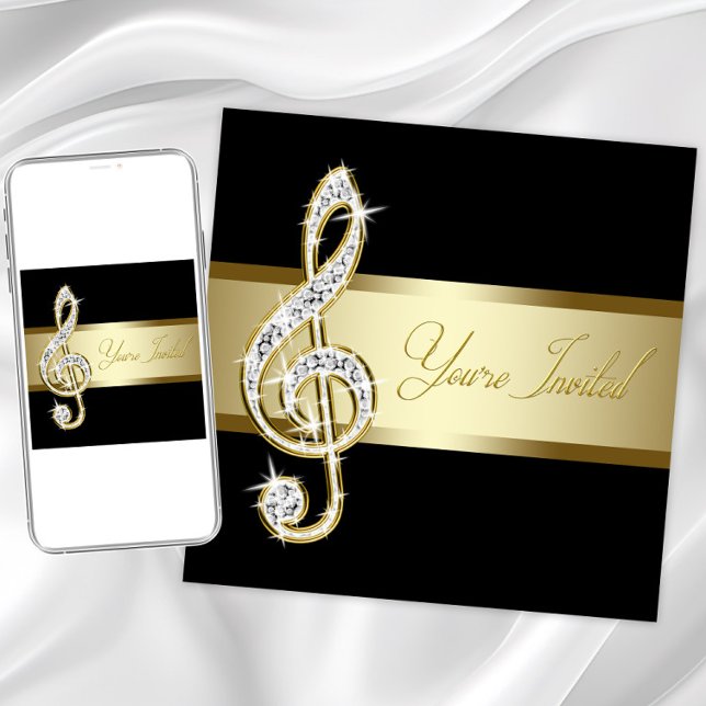 Convites Elegante Clef de Sol Preto e Dourado Musical (Elegant any musical event invitation with beautiful diamond and gold treble clef. )