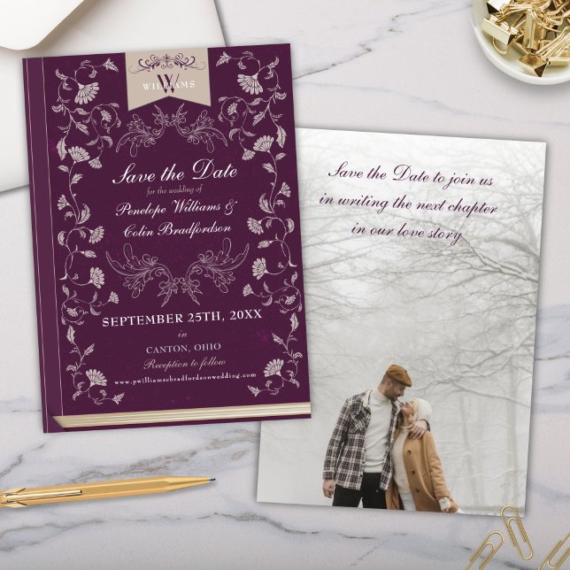 Convites Elegante Cobrir de Tan Book Casamento Salve a Data (purple and cream library book cover wedding save the date invitation cards with full photo)