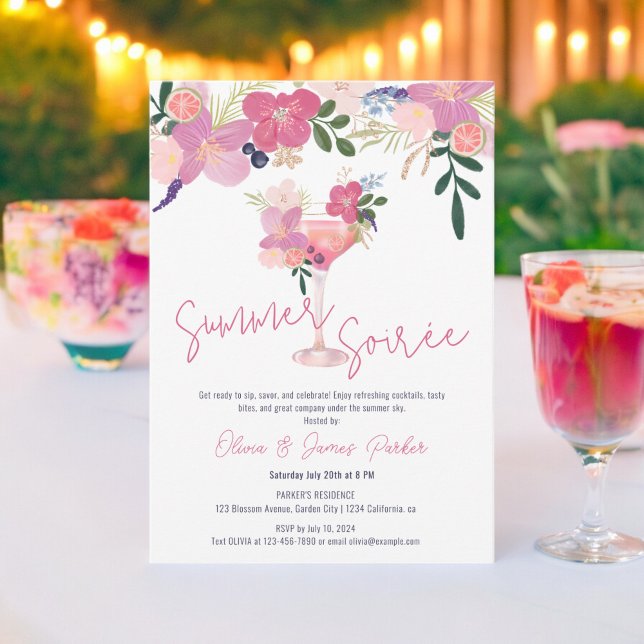 Convites Elegante Cocktail Floral Desenhado à Mão para uma  (Elegant Floral Cocktail Hand Drawn Summer Soirée Invitation)