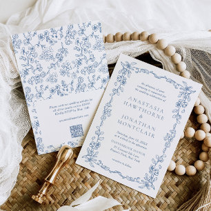 Convites Elegante Código QR Azul Vitoriano para RSVP de Cas