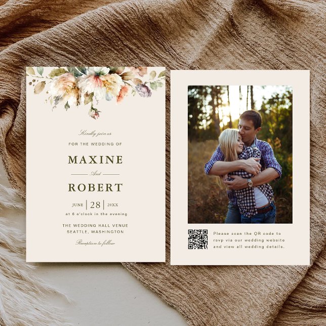 Convites Elegante Código QR Botânico Floral Foto Casamento (Elegant floral botanical QR code photo wedding invitation with timeless romantic charm.)