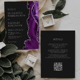 Convites Elegante Código QR Casamento Escuro Prata Ágata Ro