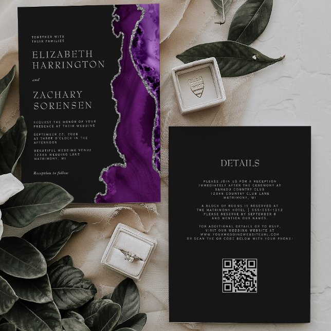 Convites Elegante Código QR Casamento Escuro Prata Ágata Ro (Criador carregado)