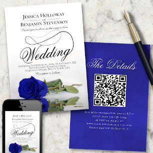 Convites Elegante Código QR Chique Rosa Azul Real Casamento