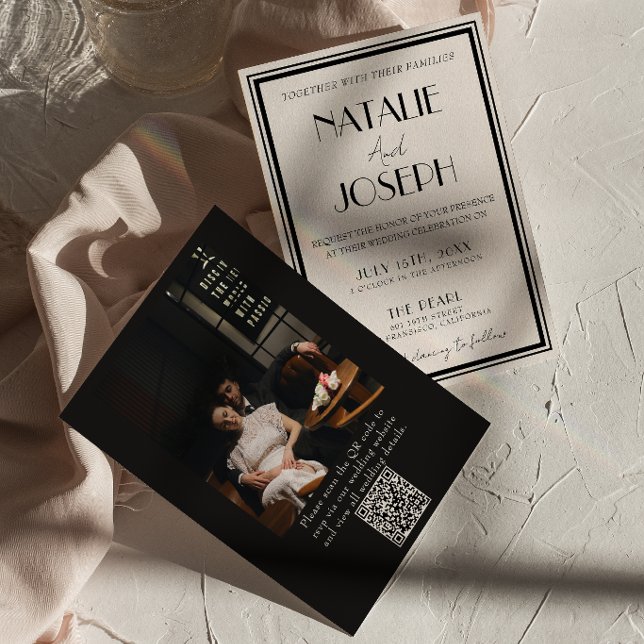 Convites Elegante Código QR Creme Preto Dinheiro Antigo Fot (Criador carregado)