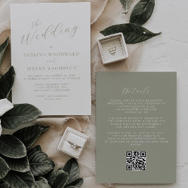 Convites Elegante Código QR de Caligrafia Verde Sage para C