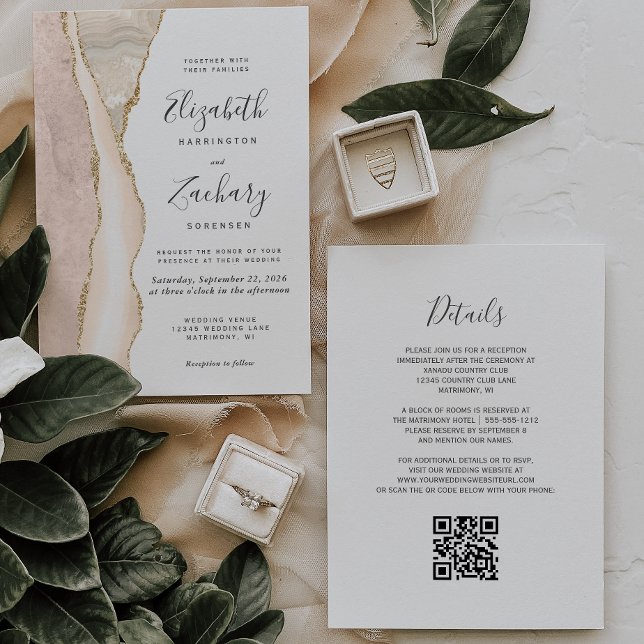 Convites Elegante Código QR de Casamento Ágata Dourada Marf (Criador carregado)