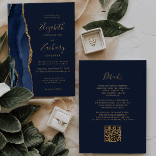 Convites Elegante Código QR de Casamento Azul Naval com Ága