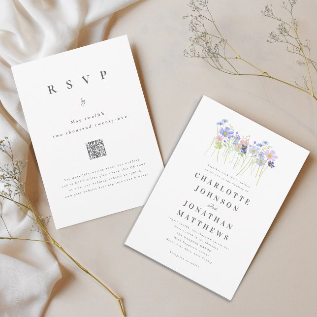 Convites Elegante Código QR de Casamento Boho Flor Silvestr (Elegant wildflower meadow watercolor floral blue blush pink wedding qr code invitation )