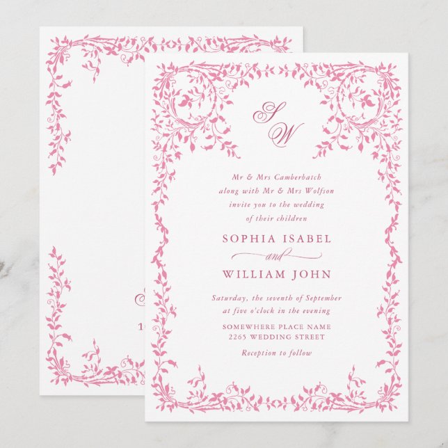 Convites Elegante código QR de casamento com moldura floral (Frente/Verso)