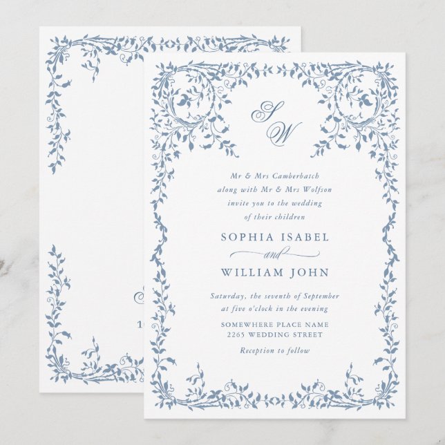 Convites Elegante código QR de casamento com moldura floral (Frente/Verso)