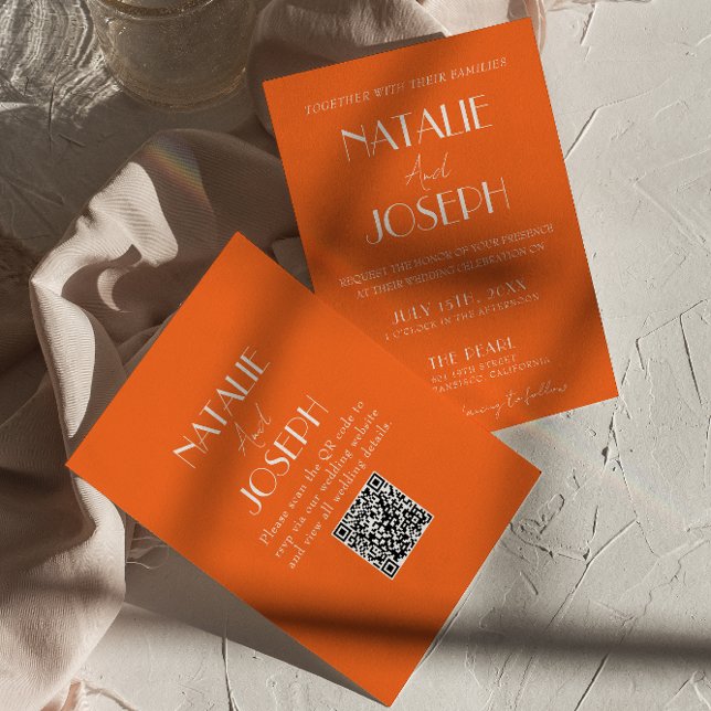 Convites Elegante Código QR de Casamento Cor de Laranja Ous (Criador carregado)