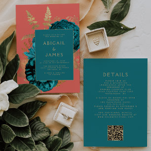 Convites Elegante Código QR de Casamento Coral Dourado em T