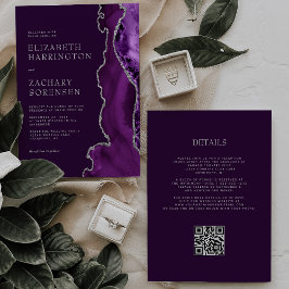 Convites Elegante Código QR de Casamento de Ágata Roxa com 