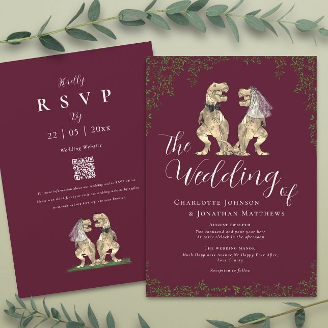 Convites Elegante Código QR de Casamento de Dinossauro Burg (T-Rex bride and groom funny dinosaur burgundy & ivory cream wedding qr code invitation )