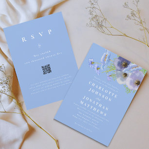 Convites Elegante Código QR de Casamento Floral Azul em Aqu