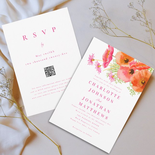 Convites Elegante Código QR de Casamento Floral Laranja Ros (Elegant wildflower bouquet vibrant pink orange watercolor floral wedding qr code invitation)