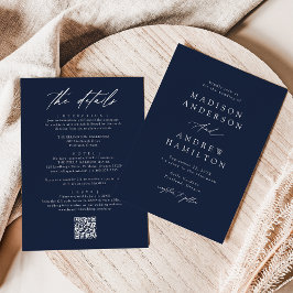 Convites Elegante Código QR de Casamento Tudo em Um Azul Ma