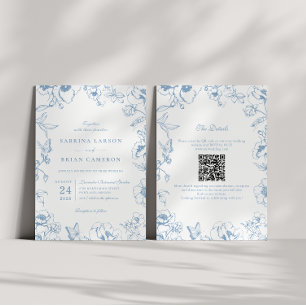 Convites Elegante Código QR de Jardim Floral Azul Empoeirad