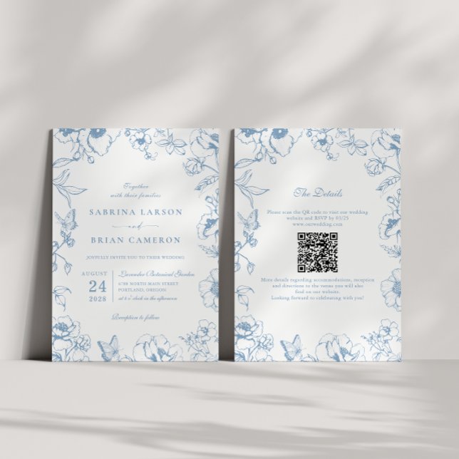 Convites Elegante Código QR de Jardim Floral Azul Empoeirad (Criador carregado)