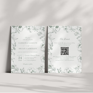 Convites Elegante Código QR de Jardim Floral Verde Sábio pa