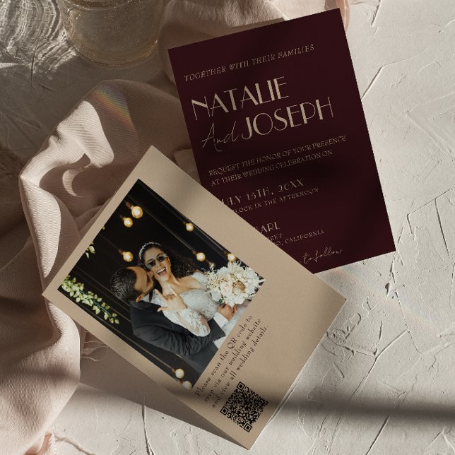 Convites Elegante Código QR Dourado Borgonha Foto Casamento (Criador carregado)