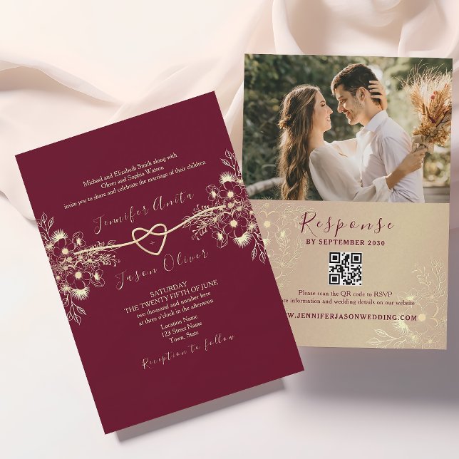 Convites Elegante Código QR Dourado Borgonha Foto Casamento (Criador carregado)