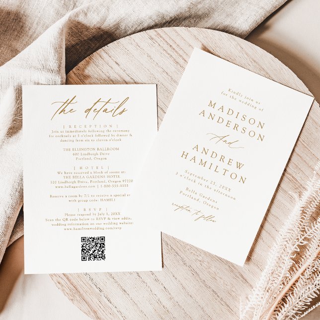 Convites Elegante Código QR Dourado Tudo Em Um Casamento (Criador carregado)