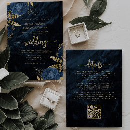 Convites Elegante Código QR Floral Azul Naval Dourado Casam