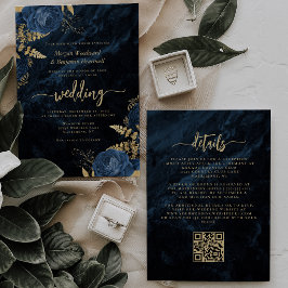 Convites Elegante Código QR Floral Azul Naval Dourado Casam