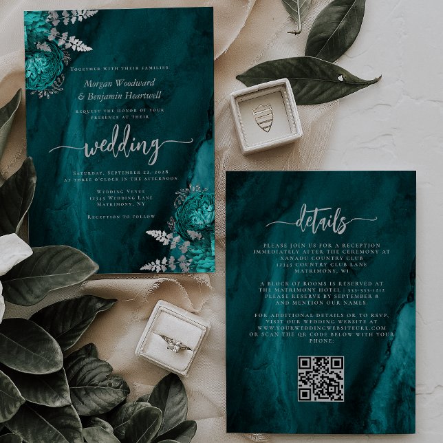 Convites Elegante Código QR Floral Azul Teal Prata Casament (Criador carregado)