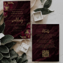 Elegante Código QR Floral Dourado Borgonha Casamen