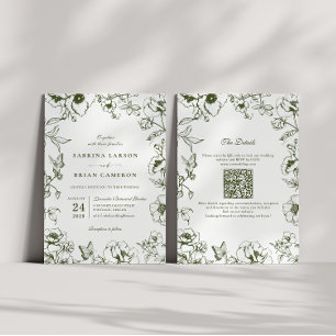 Convites Elegante Código QR Floral Jardim Verde Oliva Casam