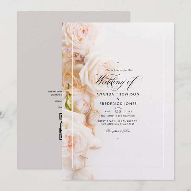 Convites Elegante código QR floral RSVP Casamento de Praia (Frente/Verso)