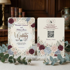 Convites Elegante Código QR Moderno Floral Burgundy Vintage