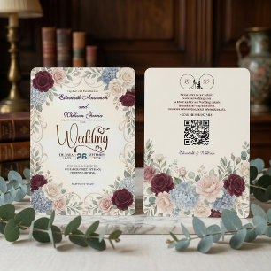 Convites Elegante Código QR Moderno Floral Burgundy Vintage