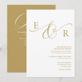 Convites Elegante Código QR Monograma Dourado Casamento Mod