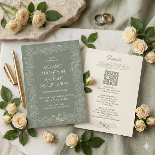 Convites Elegante Código QR Verde Salvia RSVP Casamento Vin