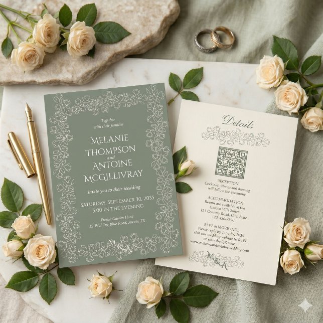 Convites Elegante Código QR Verde Salvia RSVP Casamento Vin (Criador carregado)