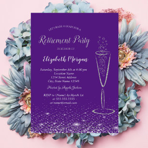 Convites Elegante Confete de Prata Vidro Roxo Aposentadoria