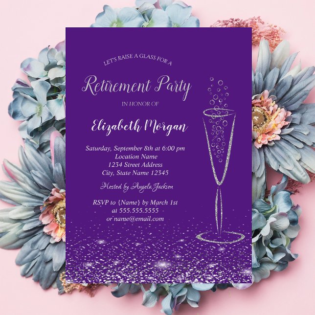 Convites Elegante Confete de Prata Vidro Roxo Aposentadoria (Criador carregado)