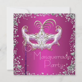 Convites Elegante Confete Prateado Festa de Máscaras Rosa Q